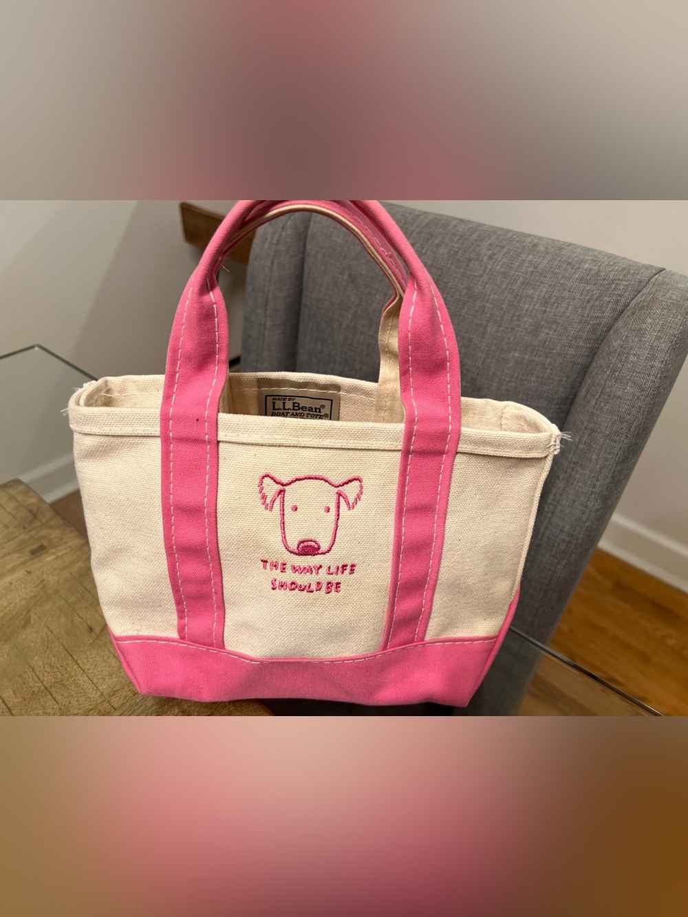 L.L. Bean Pink and Natural Canvas Dog Tote with Embroidered Pup mini boat bag